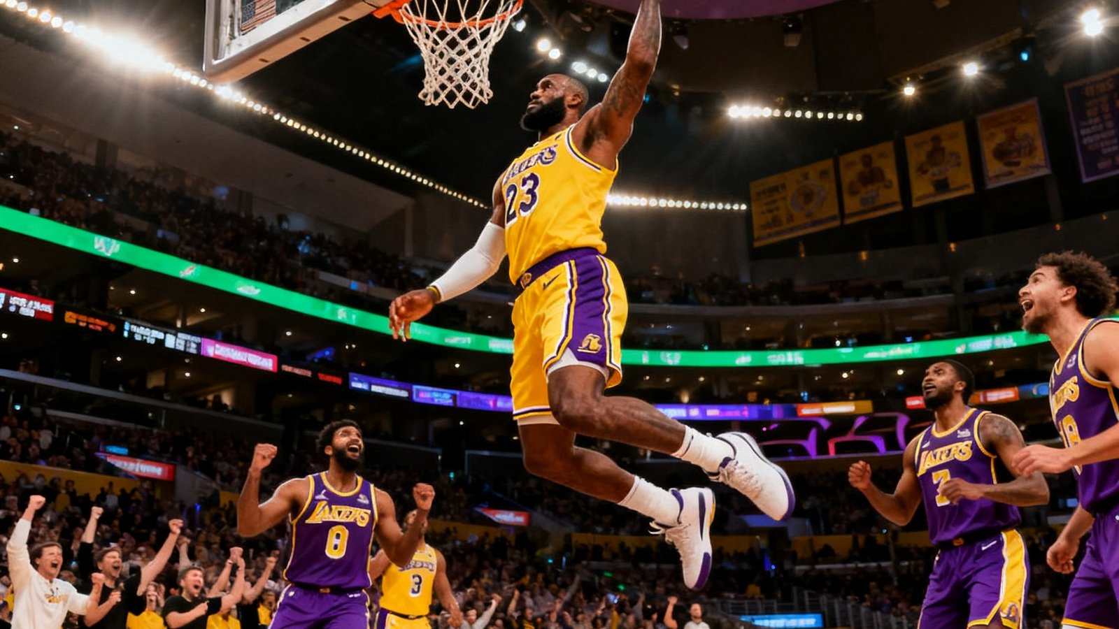 NBA常规赛湖人主场对阵凯尔特人，勒布朗詹姆斯第四节关键扣篮引爆全场气氛